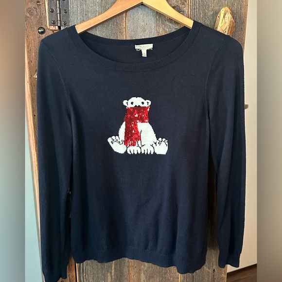 Talbots Polar Bear Crew Neck Sweater w/Sequin Embellishment in Navy. Size SP - Picture 1 of 10